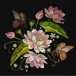 服装刺绣图片_刺绣莲花和蝴蝶。服装模板