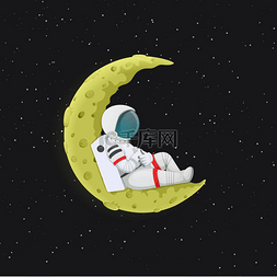 斜杠背景纹理图片_卡通宇航员斜靠在黄色的新月上。