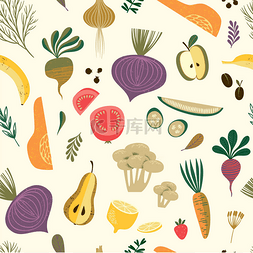 蔬菜和水果的矢量无缝图案.
