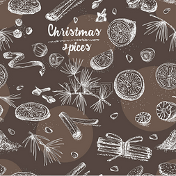 卡片手绘图案图片_无缝图案与手绘圣诞冬季香料传统