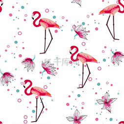 粉红色的火烈鸟热带花卉无缝模式