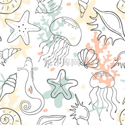 珊瑚背景图片_与贝壳, 珊瑚, 水母, 海马和海星无