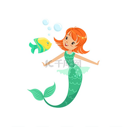 童话美人鱼图片_带着小鱼在水下游泳的微笑的美人