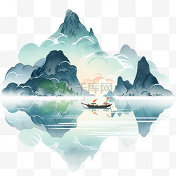 山水背景手绘图片_彩色水墨画山水云雾手绘元素