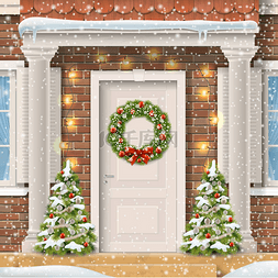 郊区矢量图片_用圣诞花环装饰的门