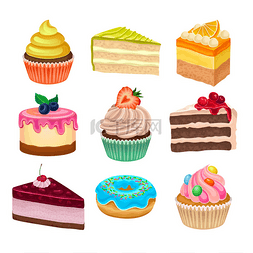 用于宣传图片_各种甜点的平面向量集。蛋糕, 甜