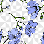 向量蓝色亚麻花植物花。野生春叶野花分离。雕刻的水墨艺术。无缝的背景模式。织物壁纸打印纹理.