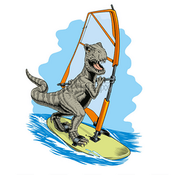 矢量帆板图片_恐龙风帆在风帆板上航行.Tyrannosaur