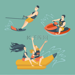 花式滑水图片_集夏季水活动。香蕉船, 水自行车,