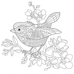 坐在树枝上图片_程式化的 Zentangle 麻雀鸟