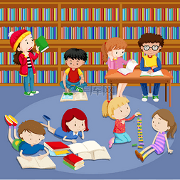 许多孩子在图书馆看书