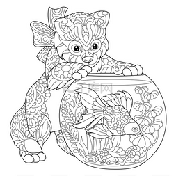 Zentangle 程式化的小猫和金鱼