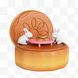 中秋花月饼图片_3D中秋吃月饼兔子场景