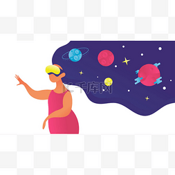 虚拟现实游戏图片_戴眼镜的女人看星星和行星上的空