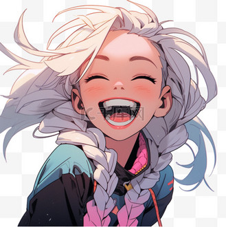 女孩简约大笑手绘免扣元素装饰素材