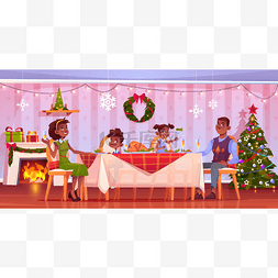 圣诞大餐快乐的一家人坐在节日桌
