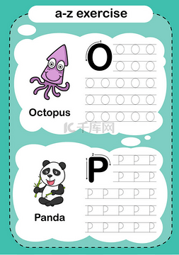 字母O-P练习，附有卡通词汇表，矢
