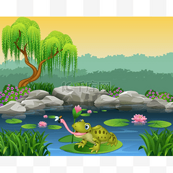 卡通青蛙在莉莉的水面上捕飞