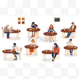 矢量桌子桌子图片_一群可爱的人坐在桌旁，吃着各种