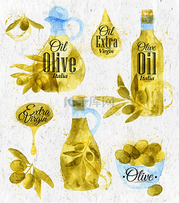水彩瓶图片_水彩绘制橄榄油复古风格