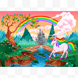 独角兽在幻想风景与彩虹和城堡