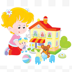 兔子玩玩具图片_女孩与娃娃和玩具的房子
