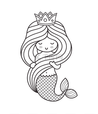 美丽的美人鱼,头戴皇冠,挽着她的头发.梦幻般的小女孩概要说明