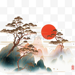 红日当天图片_彩色松树山峰红日手绘水彩画元素