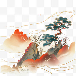 红日当天图片_松树水彩画山峰红日手绘元素