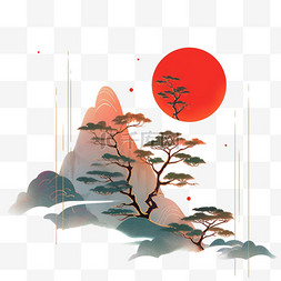 红日当天图片_彩色手绘水彩画松树山峰红日元素