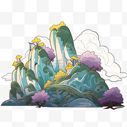 松树云彩山峰手绘元素水彩画