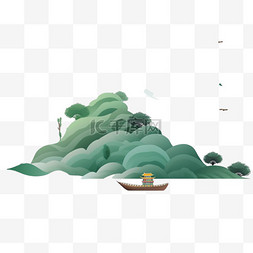 手绘小船元素图片_山水松树日出小船风景手绘元素