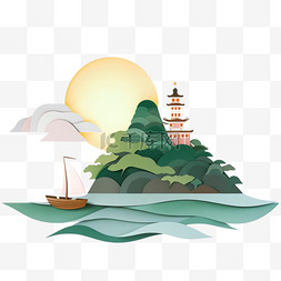 小船绿色图片_风景山水松树日出小船手绘元素