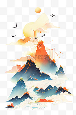 手绘山峰素材图片_山水松树手绘水彩画元素夕阳