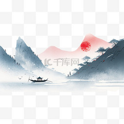 山水水墨画背景图片_水墨画彩色山水小船日出元素手绘