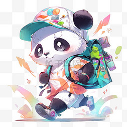 可爱熊猫背着书包元素手绘