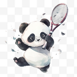 拿着网球拍可爱熊猫手绘元素