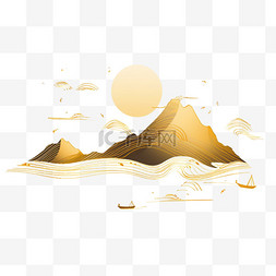 手绘线条山峰图片_山水线条金色手绘元素