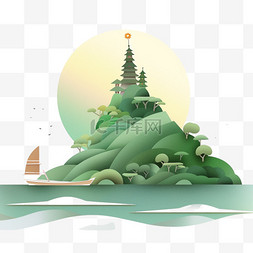 松树山水风景日出小船手绘元素