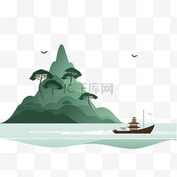 山水背景手绘图片_山水风景手绘松树日出小船元素