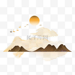 山水白色图片_山水元素简约金色线条手绘