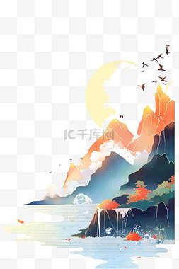 手绘山水彩色图片_松树手绘水彩画元素山水夕阳