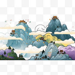 山峰松树云彩水彩手绘元素