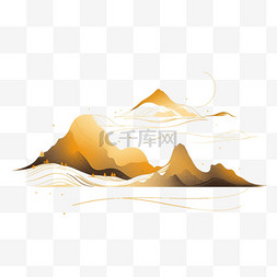 白色山水背景图片_手绘山水线条金色元素