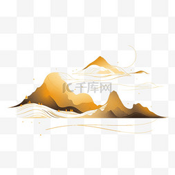 手绘山水图片_手绘山水线条金色元素