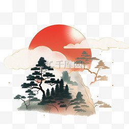 水彩画松树彩色山峰红日手绘元素