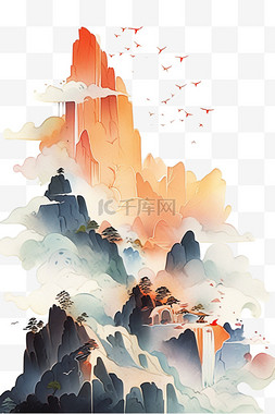 夕阳手绘图片_山水松树夕阳手绘水彩画元素