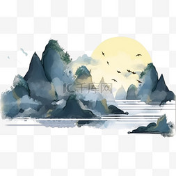 手绘山水背景图片_松树手绘水墨画元素山水夕阳