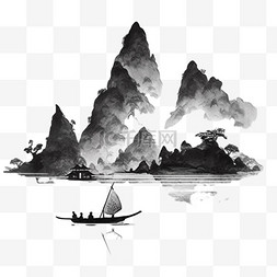 水墨画山水背景图片_水墨画山水小船手绘元素