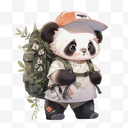 可爱熊猫背着书包手绘免抠元素
